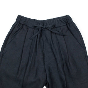 Pleated drawstring pants in navy midweight linen (restock)