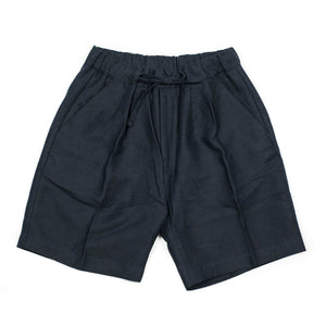 Pleated drawstring shorts in navy midweight linen (restock)