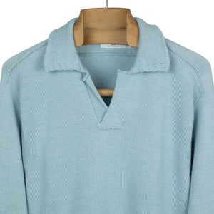 Long sleeve saddle shoulder polo in Delphi light blue alpaca and silk