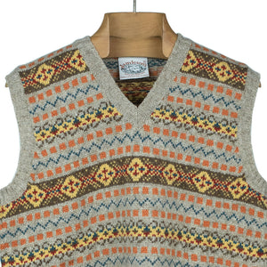 The Duke Fair Isle v-neck sweater vest, greige, orange, brown & blue (restock)