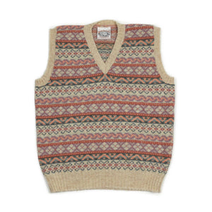 Fair Isle v-neck sweater vest, ecru, mauve, green