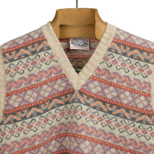 Fair Isle v-neck sweater vest, ecru, mauve, green