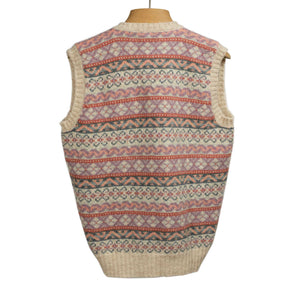 Fair Isle v-neck sweater vest, ecru, mauve, green