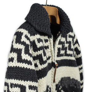 Kanata FW25 Bison hand-knit Cowichan cardigan, black, grey and