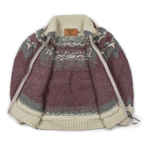 Kanata FW25 Cowichan cardigan in mauve, grey, and ecru chevron
