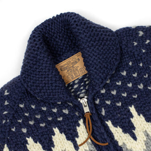 Kanata FW25 Cowichan cardigan in navy and grey winter chevron – No