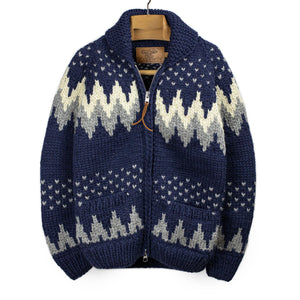 Kanata FW25 Cowichan cardigan in navy and grey winter chevron – No