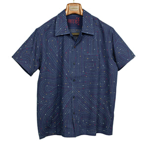 Chintan camp shirt in indigo cotton with allover Kantha hand embroidery