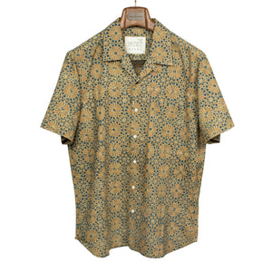 Lamar camp collar shirt in hand-dyed gold and green block printed cotton