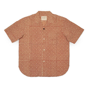 Ronen camp shirt in cotton with beige and red geometric block print