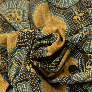 Ronen camp shirt in gold and blue traditional Ajrakh printed cotton