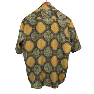 Ronen camp shirt in gold and blue traditional Ajrakh printed cotton