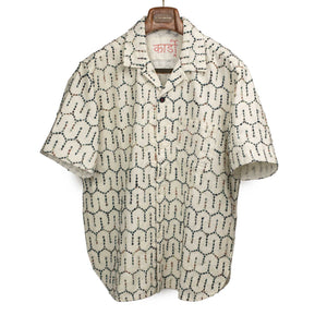 Ronen camp shirt in natural khadi cotton with honeycomb hand embroidery