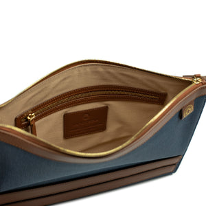 Palma portfolio in blue canvas and brown vegetable-tanned leather