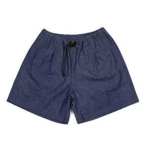 Belted easy shorts in blue cotton chambray