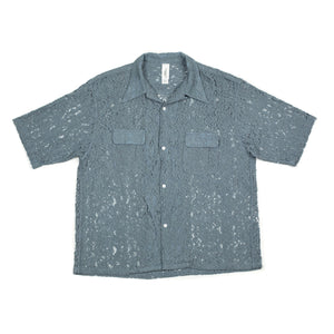 Open collar shirt in slate blue cotton floral lace