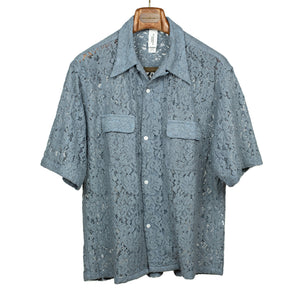 Open collar shirt in slate blue cotton floral lace