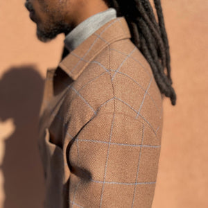 x Sartoria Carrara x Fox : chore jacket in deadstock Mocha wool flannel with brown and light blue windowpane [PRE-ORDER BALANCE]