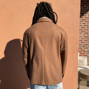 x Sartoria Carrara x Fox : chore jacket in deadstock Mocha wool flannel with brown and light blue windowpane [PRE-ORDER BALANCE]