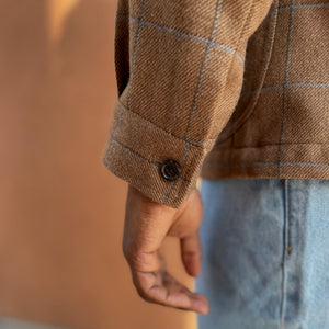 x Sartoria Carrara x Fox : chore jacket in deadstock Mocha wool flannel with brown and light blue windowpane [PRE-ORDER BALANCE]