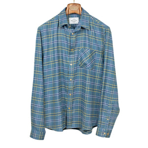 Blue water shirt in yellow, white and blue check cotton flannel