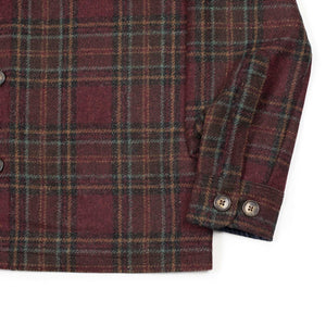 Burgundy check overshirt in rust, blue and navy plaid wool