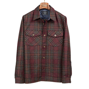 Burgundy check overshirt in rust, blue and navy plaid wool