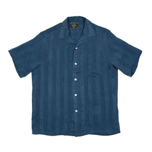 Cupro camp collar shirt in self-striped navy cupro