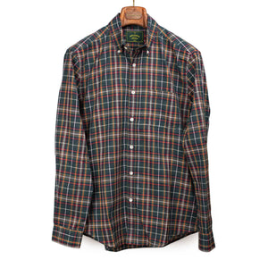 Spring Plaid buttoned collar shirt green, navy, and orange cotton plaid
