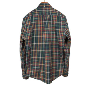 Spring Plaid buttoned collar shirt green, navy, and orange cotton plaid