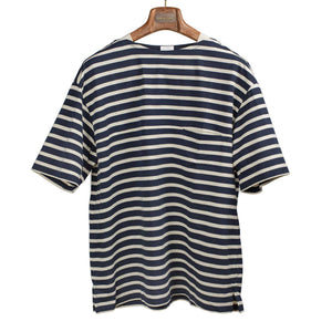 Crewneck tee in garment-dyed navy and cream striped heavy cotton jersey