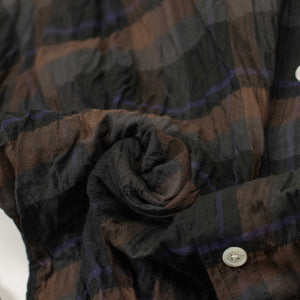 Check shirt in shirred black, charcoal, brown and purple rayon/cotton mix