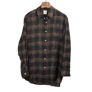 Check shirt in shirred black, charcoal, brown and purple rayon/cotton mix
