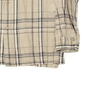 Open collar shirt in natural and navy checked linen
