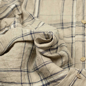 Open collar shirt in natural and navy checked linen