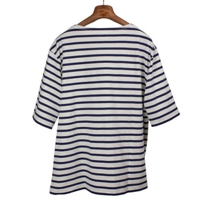 Sage de Cret SS26 Boat neck border stripe tee in white and navy