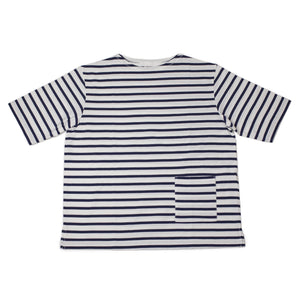 Sage de Cret SS26 Boat neck border stripe tee in white and navy