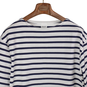 Sage de Cret SS26 Boat neck border stripe tee in white and navy