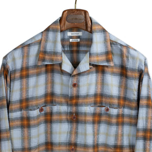 Seuvas FW25 Open collar shirt in saxe blue and orange plaid neppy