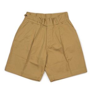Pleated ghurka-style shorts in beige cotton twill