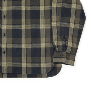 Asymmetric pocket work shirt in navy plaid linen cotton