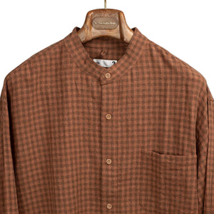Relaxed band collar shirt in rust gingham check linen cotton
