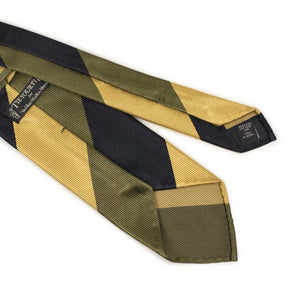 Olive, navy and gold block stripe silk twill tie