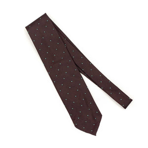 Dark burgundy subtle herringbone silk tie, teal and white jacquard square dots