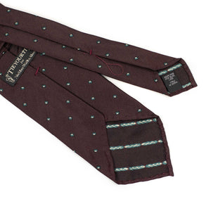 Dark burgundy subtle herringbone silk tie, teal and white jacquard square dots