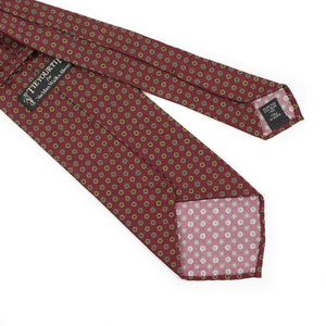 Maroon silk tie, green and orange neat print