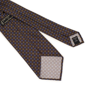 Brown silk tie, blue and gold neat print