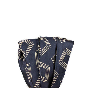 Large reversible silk pocket square in navy and silver retro diamond jacquard pattern