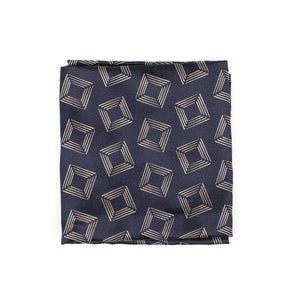 Large reversible silk pocket square in navy and silver retro diamond jacquard pattern