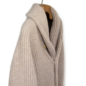 Shawl collar 4-ply cardigan jacket in Cobble beige supergeelong lambswool